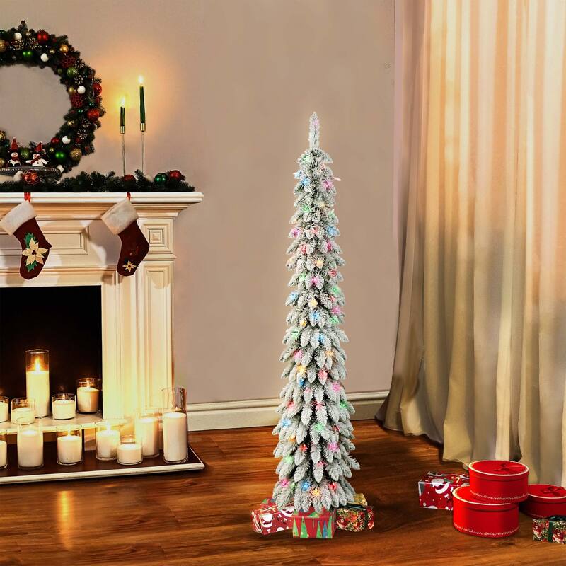 6' Flocked Alpine Artificial Christmas Pencil Tree, Multicolor Lights - 6 Foot