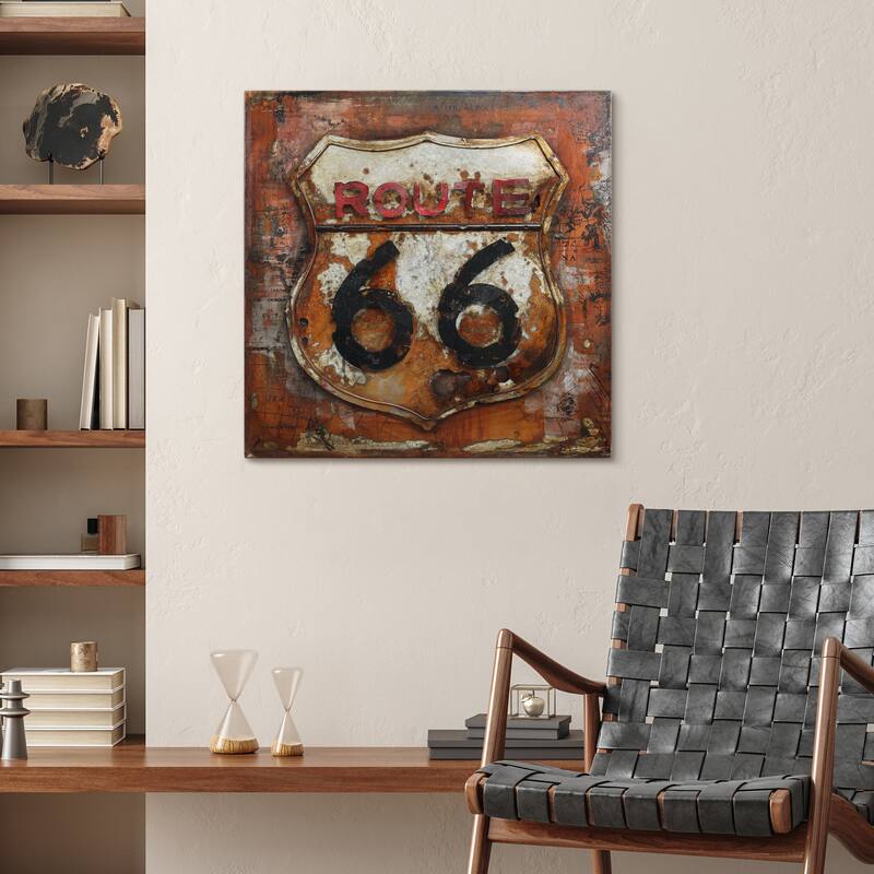 "Route 66" Mixed Media Iron Hand Painted Dimensional Wall Art Sculpture
