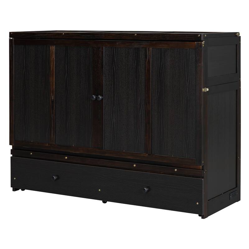 Queen Size 2-in-1 Murphy Bed Cabinet with Space Saving Design with Built in USB/Power Outlets, Large Storage Drawer