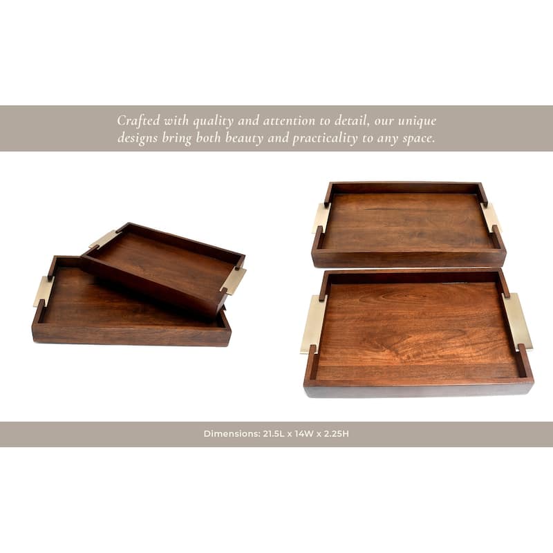 Wood Aluminum Serving Trays with Brass Handles (Set of 2) - 2" Brown - 21.5" x 14" x 2.25"
