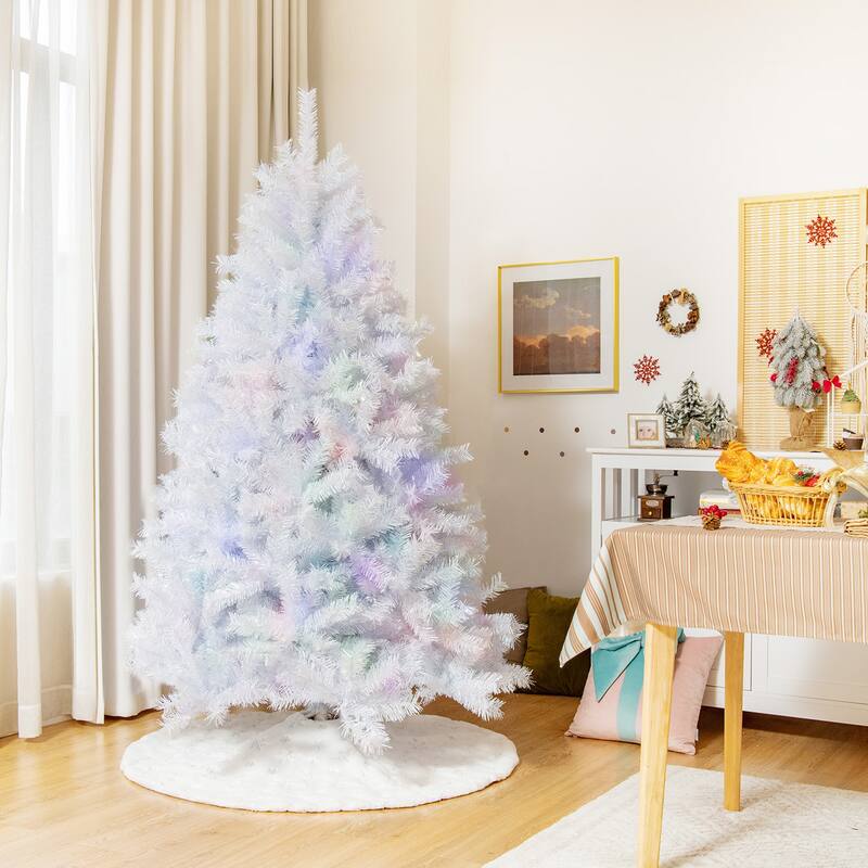 Gymax 6/7/8 FT White Artificial Christmas Tree Hinged Unlit Iridescent