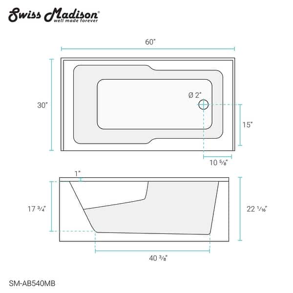 dimension image slide 8 of 20, Swiss Madison Voltaire, Acrylic White, Alcove, Integral Armrest, Bathtub with Apron