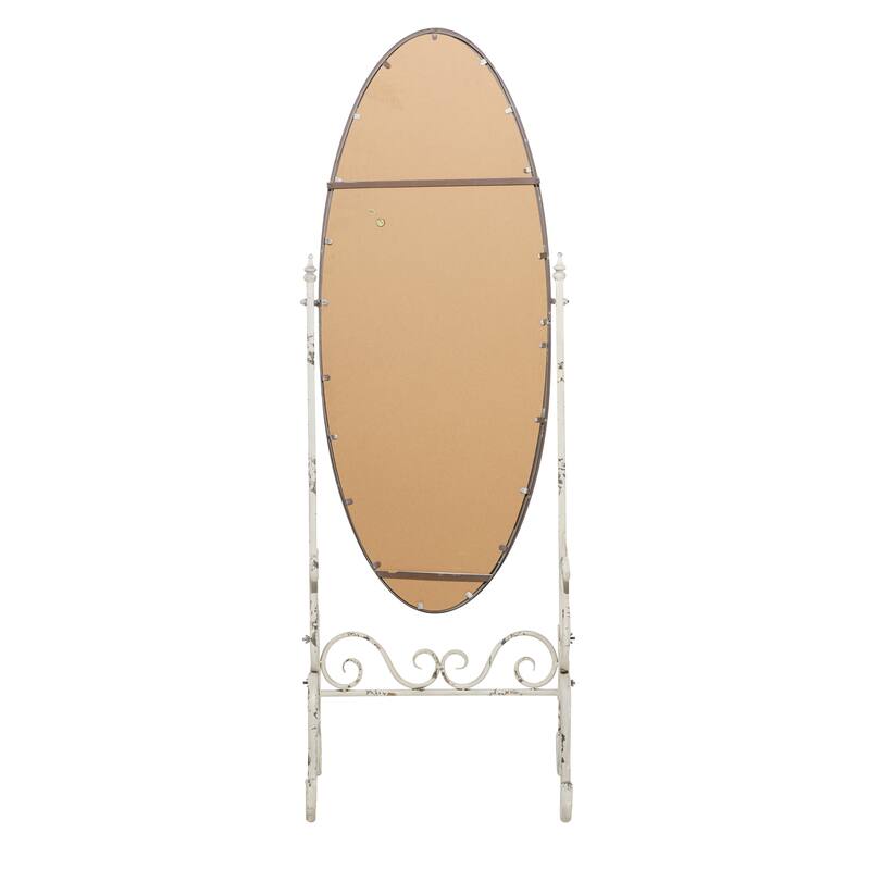 White Metal Oval Scroll Room Floor Mirror with Stand
