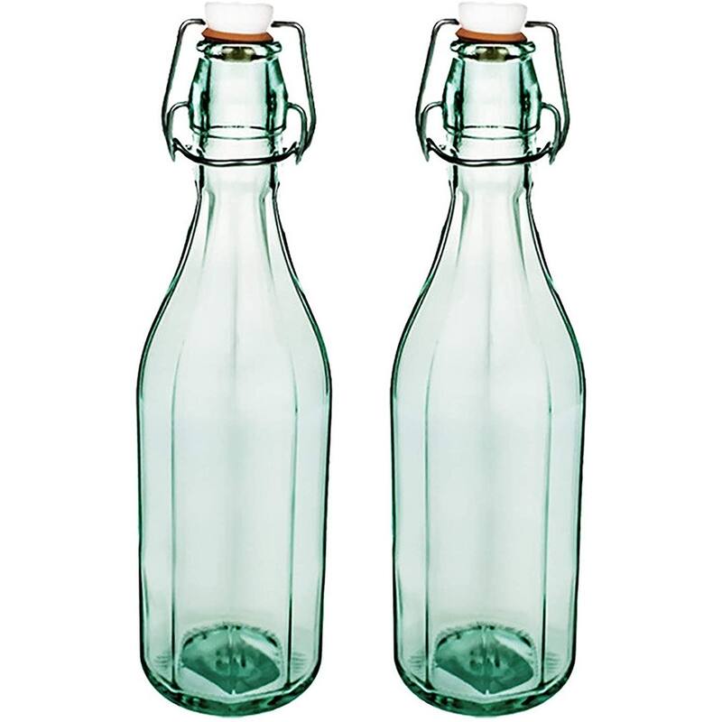 Amici Home Set of 2 Italian Recycled Green Faceted Hermetic Bottles