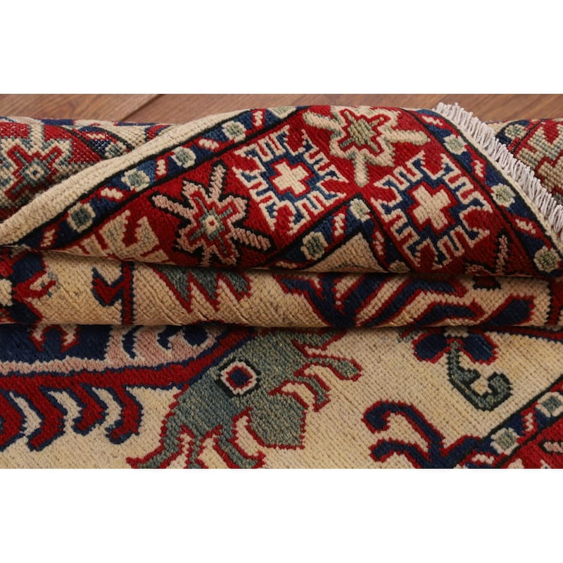 Geometric Kazak Accent Rug Hand-Knotted Foyer Wool Carpet - 3'5" x 4'10"