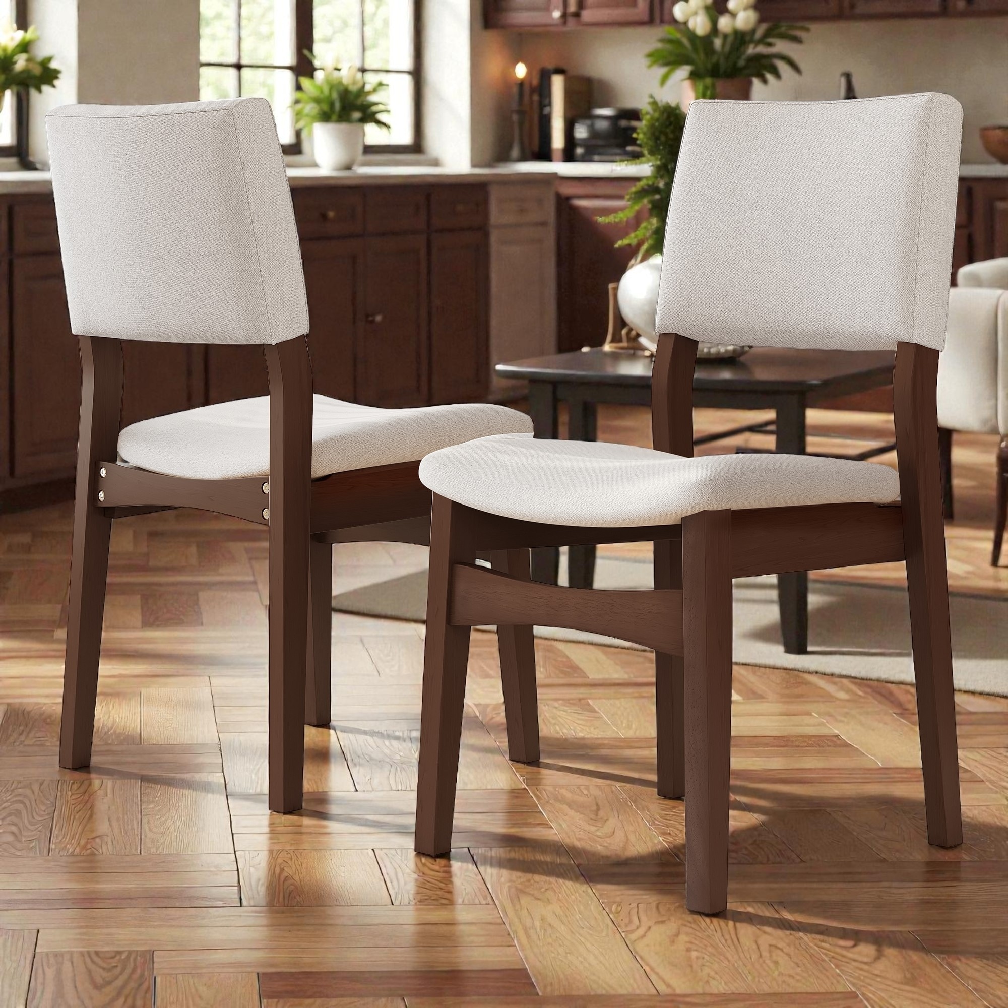 Upholstered Stackable Dining Chairs Set of 2, Linen Fabric Kitchen Chairs with Solid Rubberwood Frame, Accent Chair for Dining