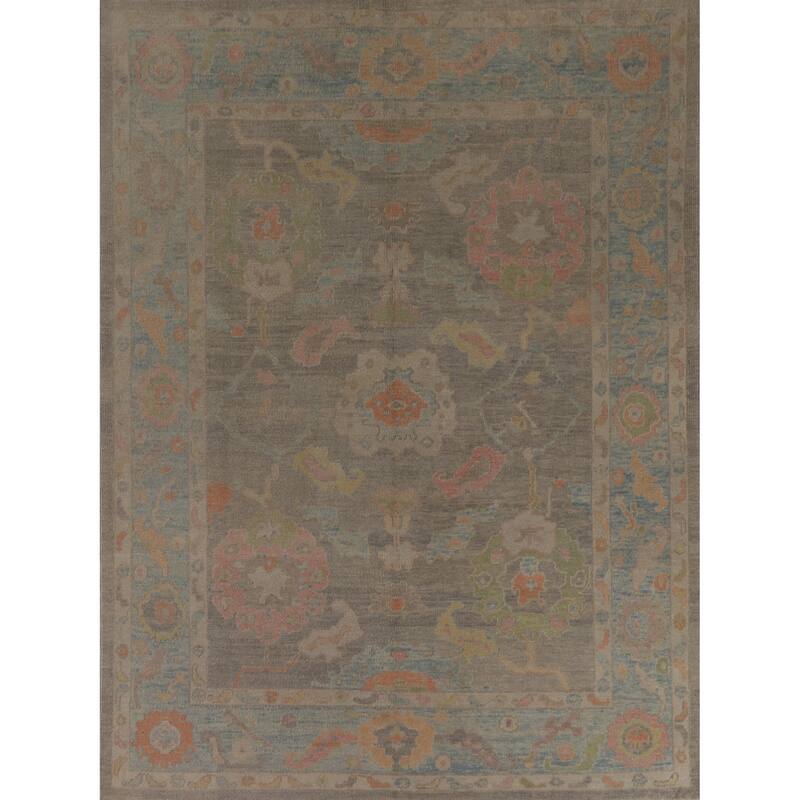 Hand Knotted Oriental 100% Wool Carpet Transitional All-Over Greys & Charcoal Oushak Area Rug - 9' 5'' X 7' 9''