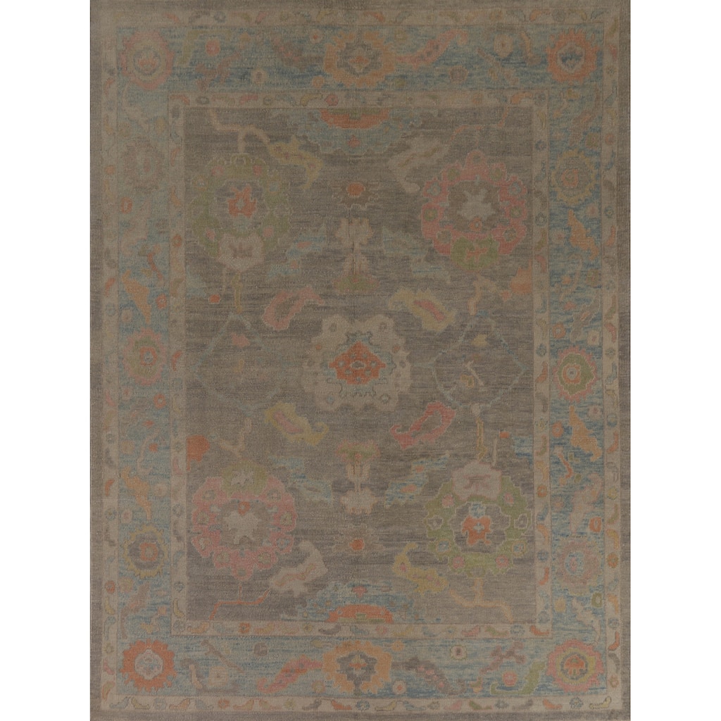 Hand Knotted Oriental 100% Wool Carpet Transitional All-Over Greys & Charcoal Oushak Area Rug - 9' 5'' X 7' 9''