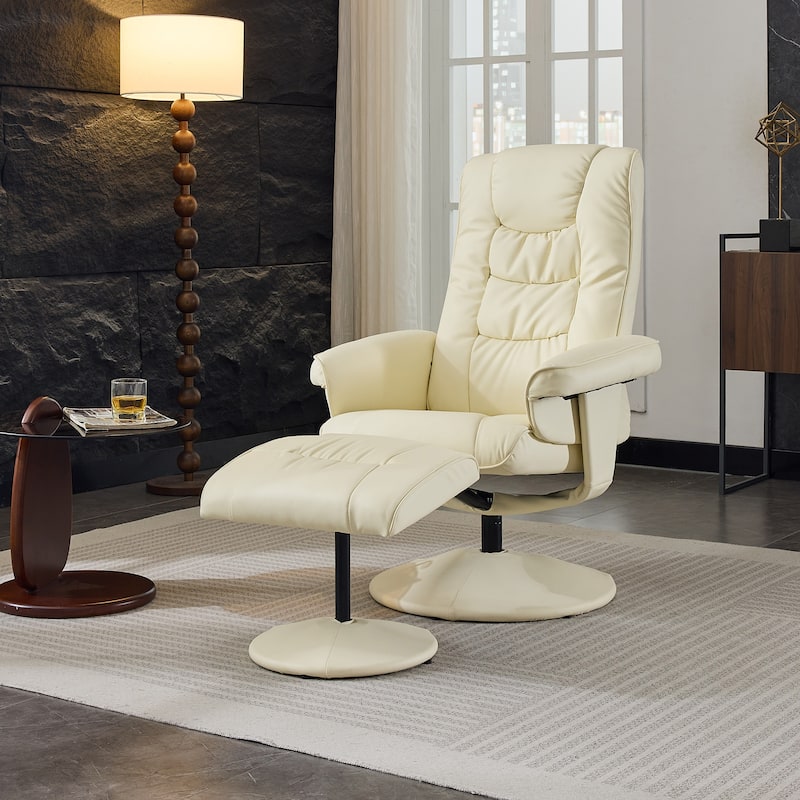 PU Lounge Chaise Chair with Adjustable Backrest, Recliner Chair with Ottoman, Swivel Chair with Vibration Massage