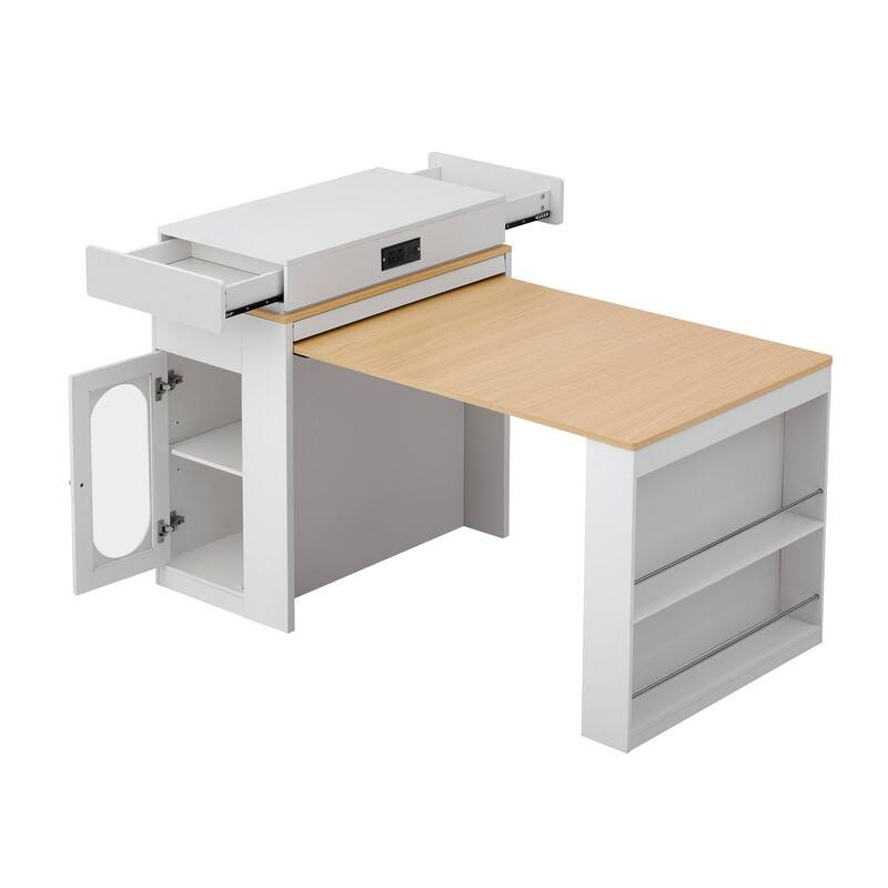 57.7" Kitchen Island with Extendable Top on Wheels, Kitchen Dining Table, Bar Table with Drawers and Power Outlet