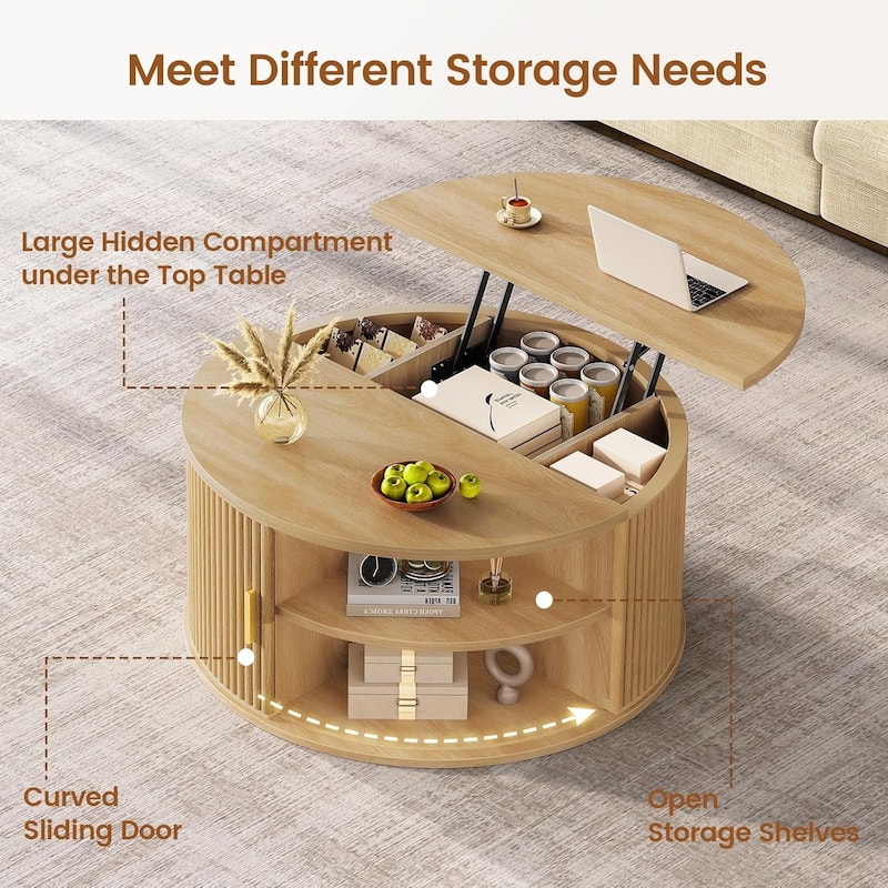 Round Lift Top Coffee Table 180 Grad Curved Sliding Door Living Room
