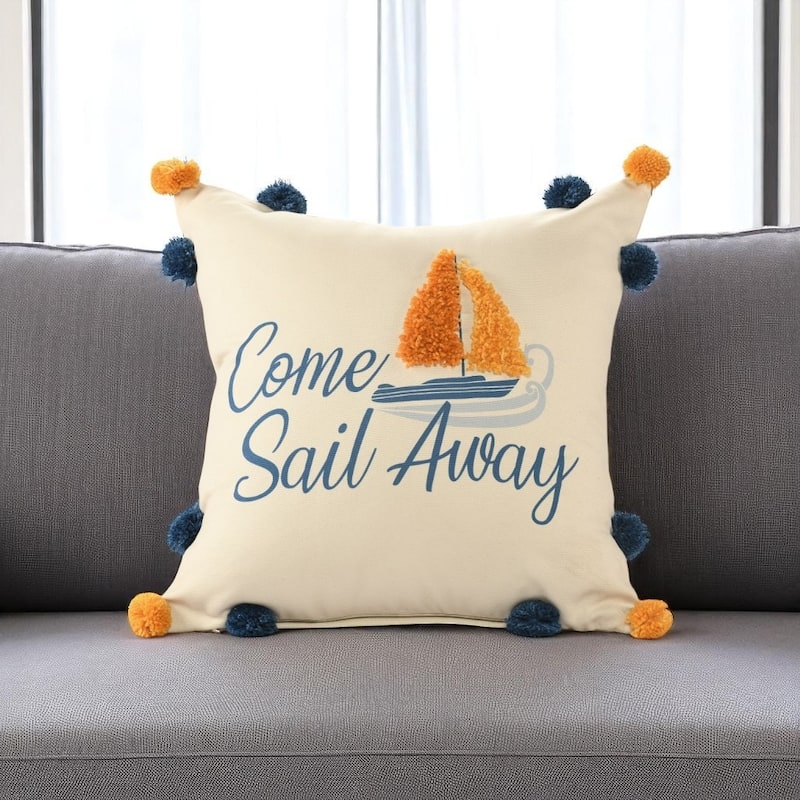 HomeRoots 20" Natural Blue And Orange Come Sail Away Throw Pillow With Pompoms And Texture