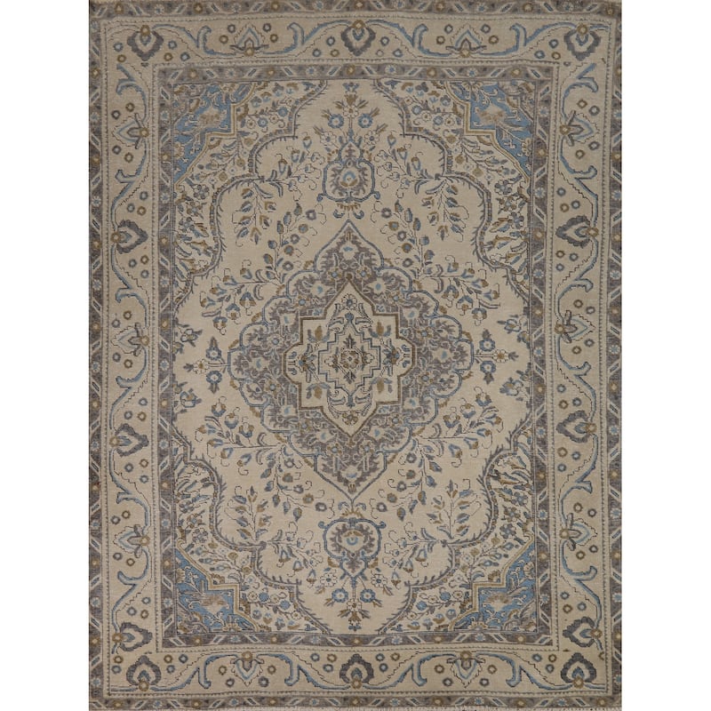 Tabriz Persian Area Rug Traditional Beige Handmade Wool Carpet - 6'9"x 9'1"