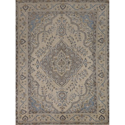 Tabriz Persian Area Rug Traditional Beige Handmade Wool Carpet - 6'9"x 9'1"