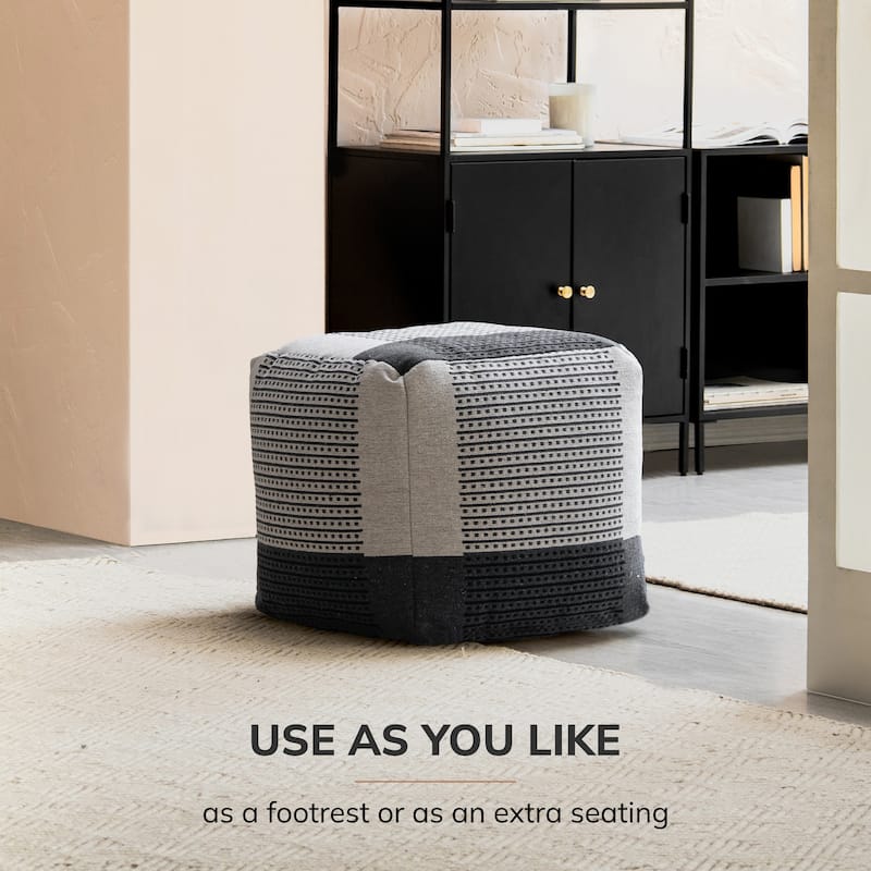 Jani Carrapateira 20-inch Black & Ivory Square Pouf Ottoman - Handmade Footrest for Living Room, Bedroom, Nursery