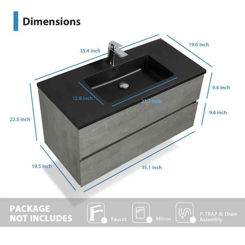 RupheonD 36" 48" Cement Grey Bathroom Vanity with Black Quartz Top