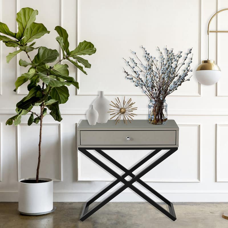 Wooden End Side Table Nightstand with Glass Top, Drawer and Metal Cross Base