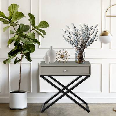 Wooden End Side Table Nightstand with Glass Top, Drawer and Metal Cross Base