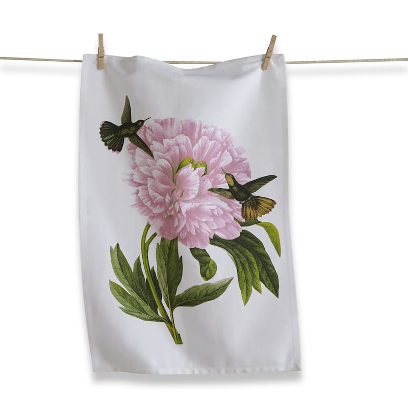 Hummingbird Pink Flower Cotton Kitchen Dishtowel 26L x 18W in.