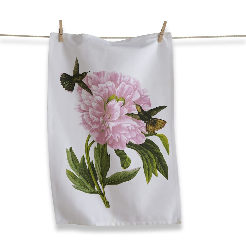 Hummingbird Pink Flower Cotton Kitchen Dishtowel 26L x 18W in.