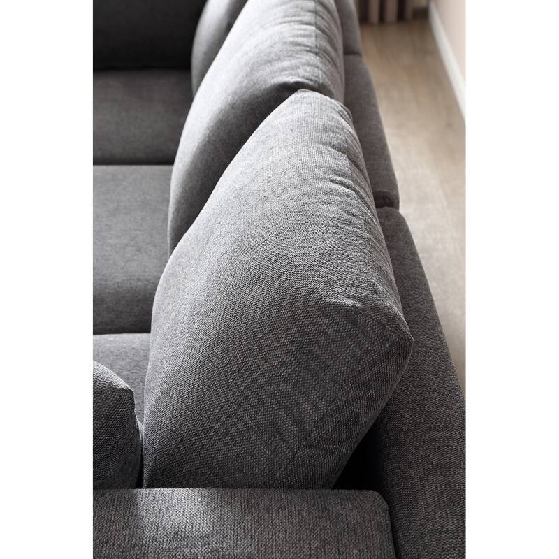92'' Fabric L-Shape 3-Seater Sofa with Ottoman, Gold Metal Legs, and Toss Pillows