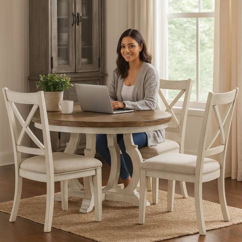 47 Inch Wood Round Dining Table, Distressed White Pedestal Base, Brown Top