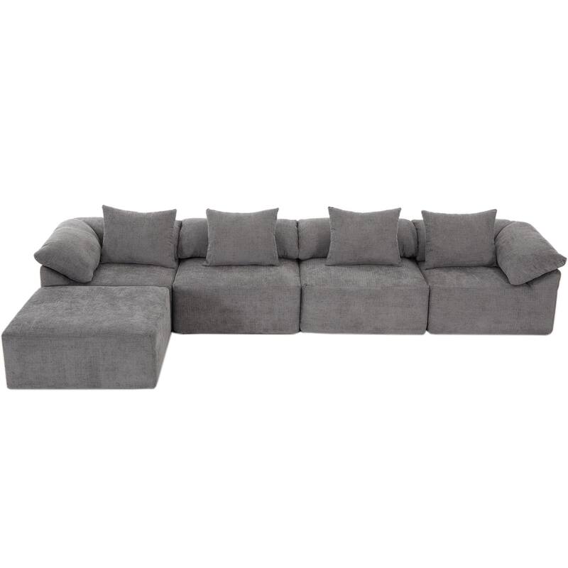 142" Chenille L-Shaped Modular Sectional Sofa with No Assembly Required, Convertible Sleeper, and Built-In Ottoman