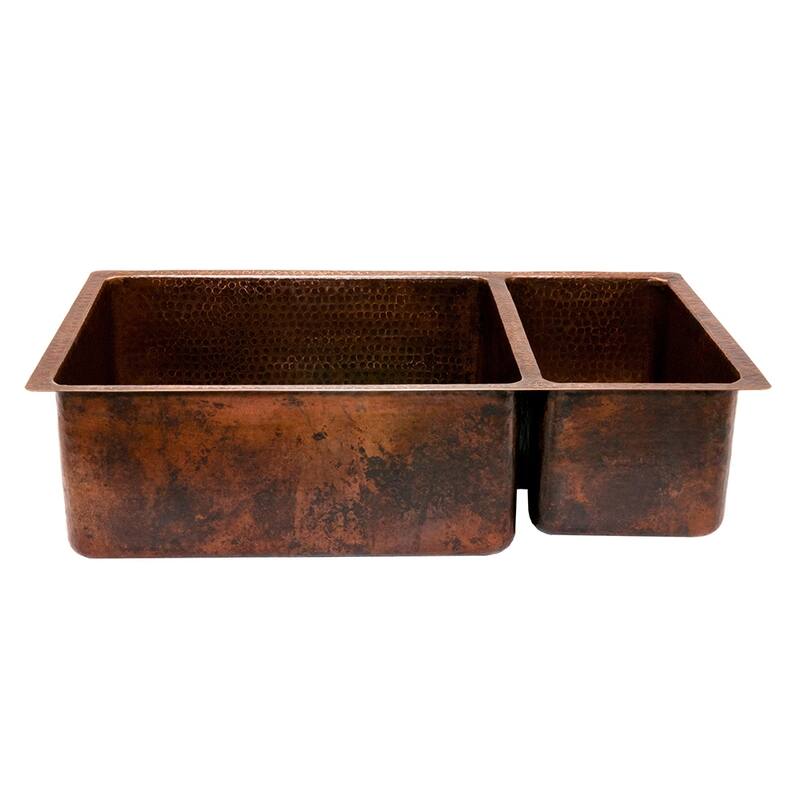 33-in Hammered Copper Kitchen 75/25 Double Basin Sink with Matching Drains, and Accessories (KSP3_K75DB33199)