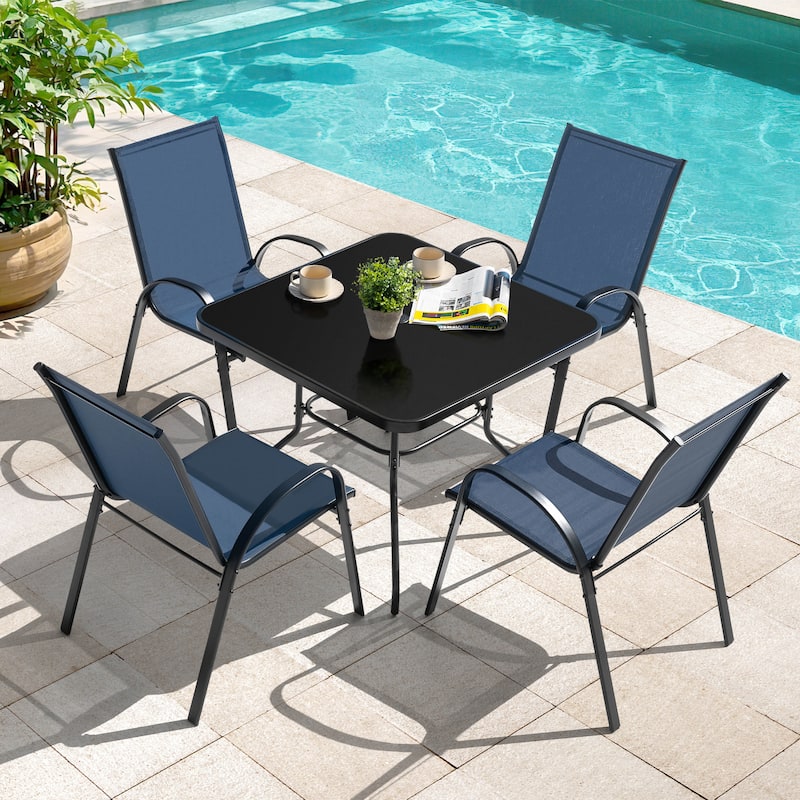 5-Piece Outdoor Dining Set, Textilene Stackable Chairs and Umbrella Hole - Balck & Blue