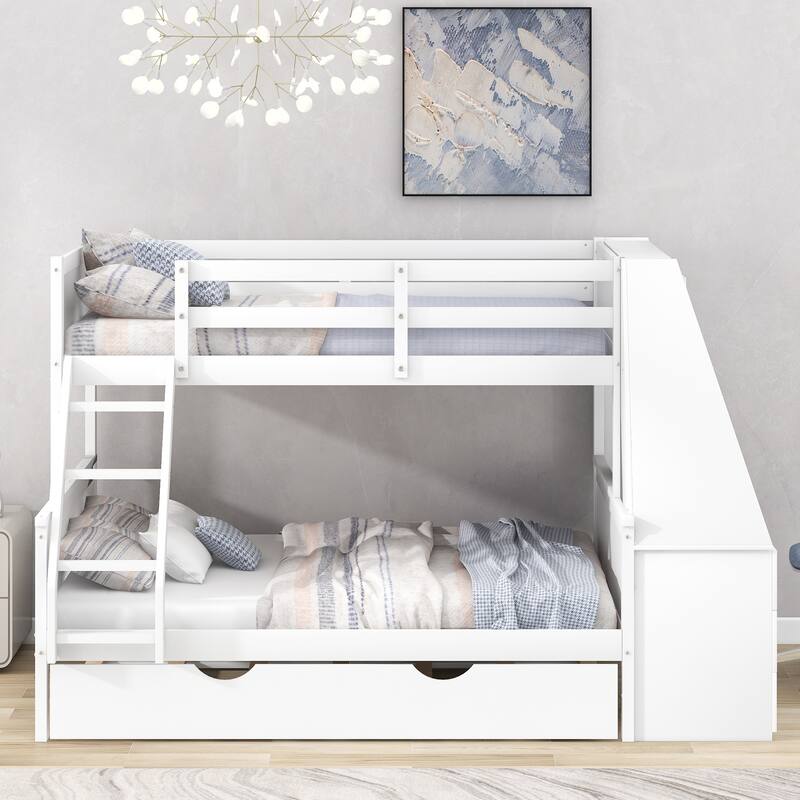 Twin over Full Bunk Bed with Trundle, Built-in Desk, Storage Drawers, and Shelf, White
