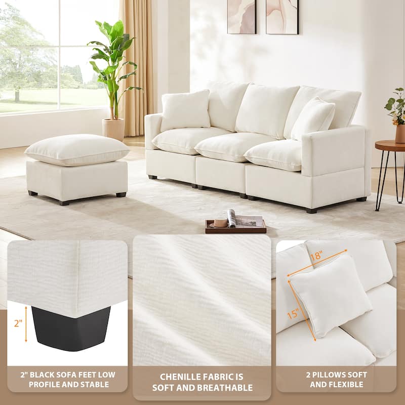 [VIDEO provided] [New] 84*57" Modern Modular Sofa, 4 Seat Chenille Sectional Couch Set with 2 Pillows Included, Freely Combinabl