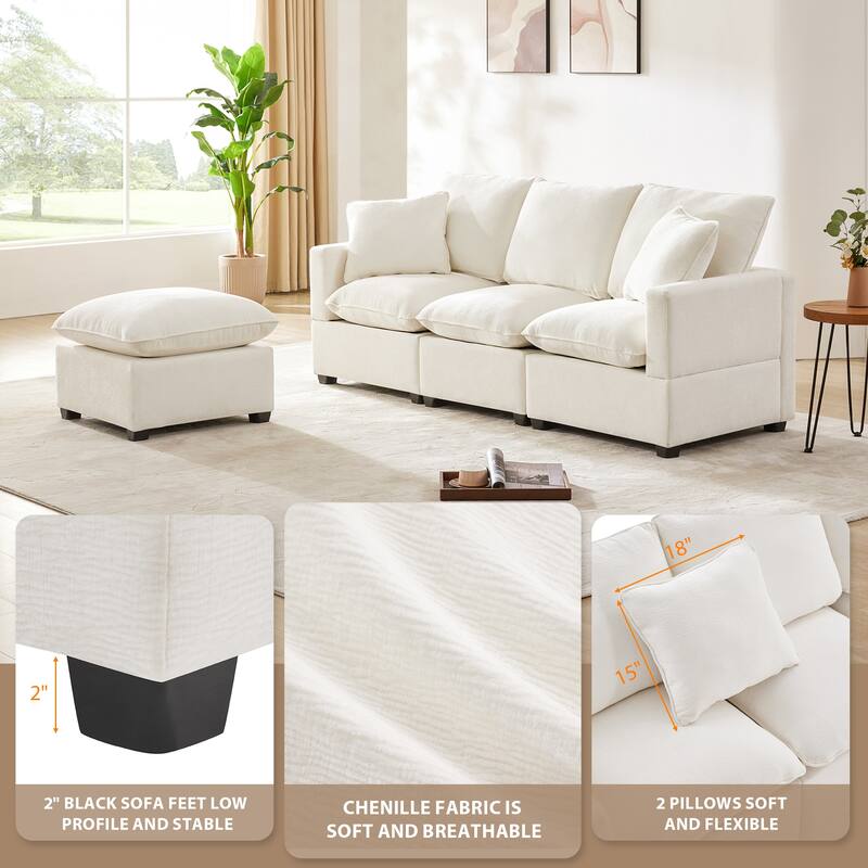 84" Modular Sofa Set with Ottoman & 2 Pillows, Free Combination 4 Seats L-Shape Chenille Sectional Sofa for Livingroom Apartment