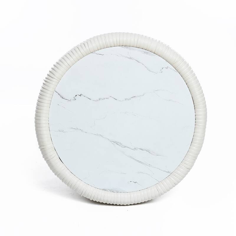 15.8" H Pleated Leather And Marble Tabletop Drum Round Side Table