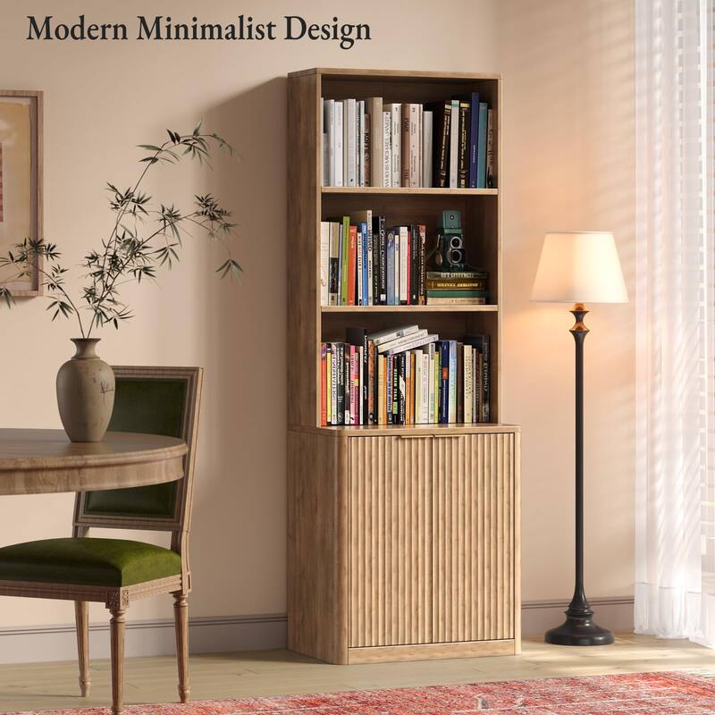 71" Oak Bookcase with Doors, 5-Tier Fluted Tall Bookshelf with Storage