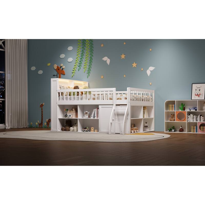 Roomfitters Full/Queen Loft Bed with Storage Shelves and LED Headboard