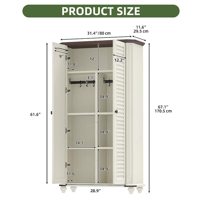 Moasis Farmhouse Pantry Cabinet 4-Tier Storage Cabinet with 2 Magnetic Doors and Adjustable Shelves&Hooks