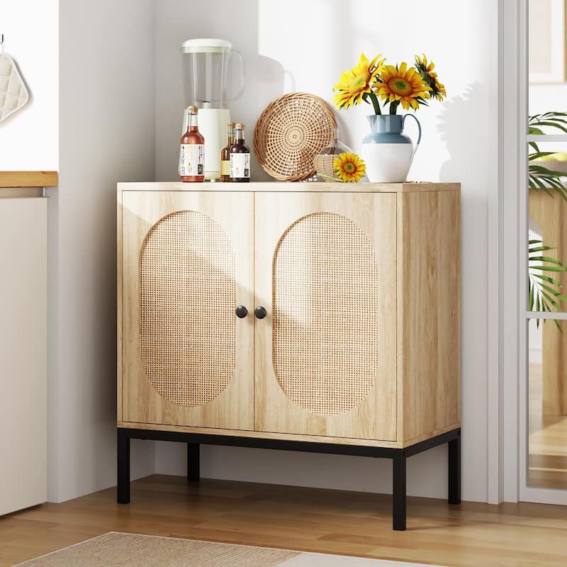 Rattan Buffet Cabinet with Natural Rattan Doors, Sideboard Storage Cabinet with Adjustable Shelf - Yellow