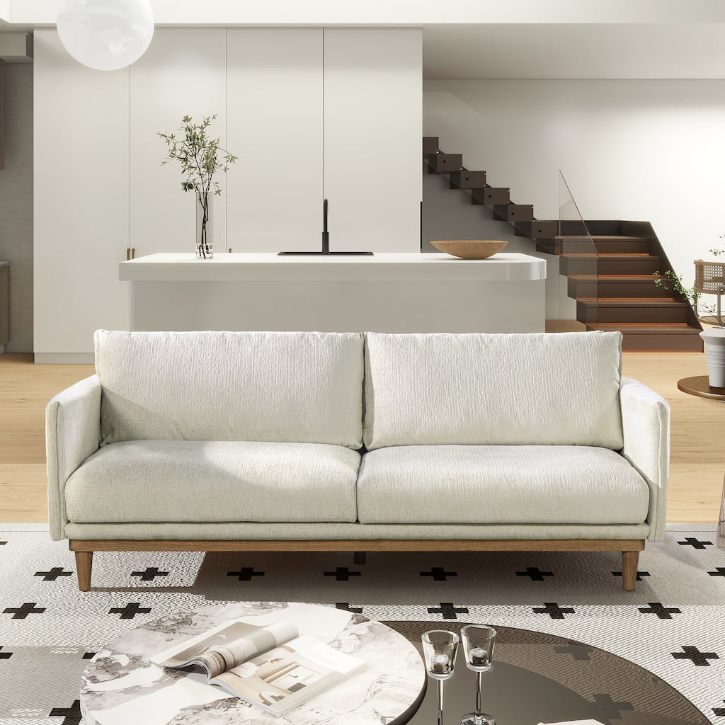 Haven 83" Oak Wood Chenille Flange Arm Sofa with Removable Cushions