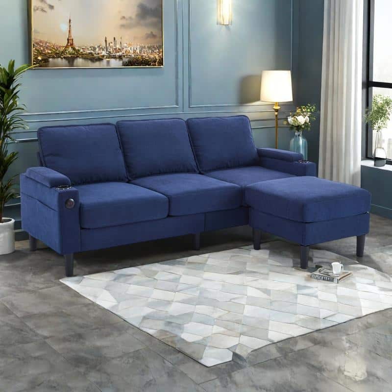 78'' Fabric L-Shaped 3-Seater Sectional Sofa with Storage Ottoman, USB Port, Cup Holders, and Magazine Bags - Blue