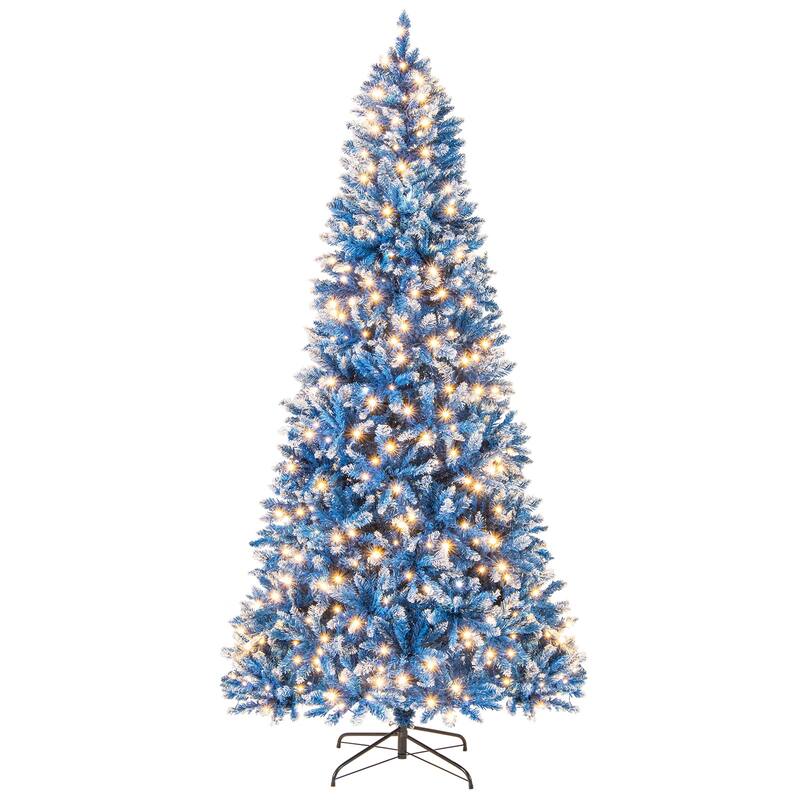 Gymax Pre-Lit Artificial Christmas Tree Blue Hinged Xmas Tree w/ - 8 Foot