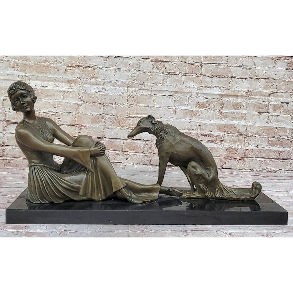 Art Deco Flapper Girl Woman With Dog Chiparus Bronze Statue Sculpture 13 Inches X 24 Inches