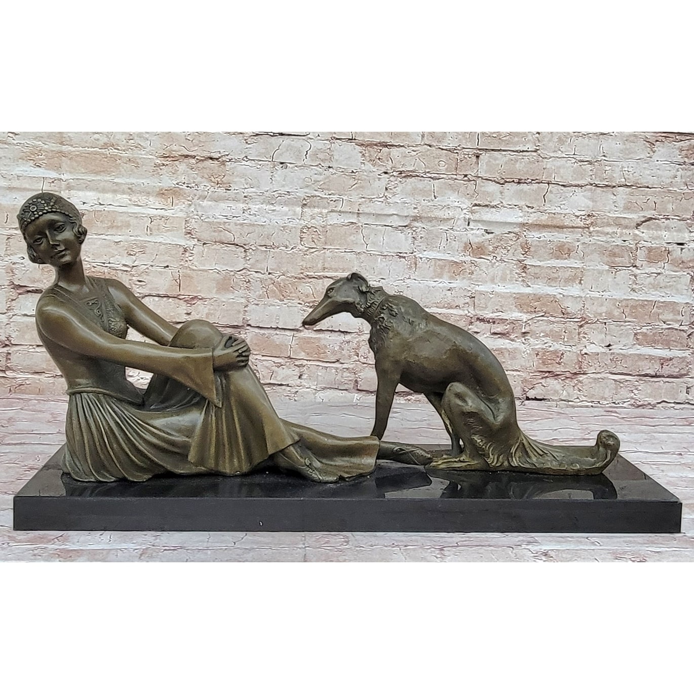 Art Deco Flapper Girl Woman With Dog Chiparus Bronze Statue Sculpture 13 Inches X 24 Inches