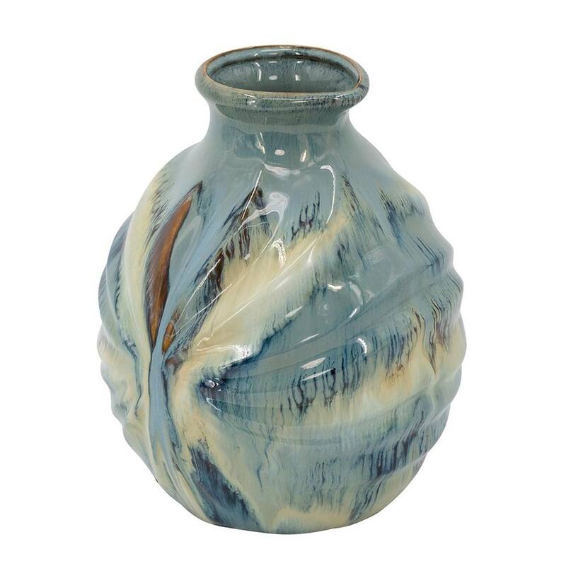 11" Blue Beige And Brown Abstract Round Ceramic Table Vase - 8.10
