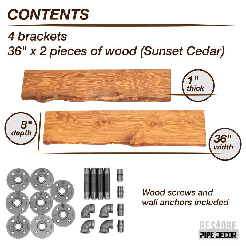 PIPE DECOR Live Edge Reclaimed Wood Shelf with Industrial Pipe Brackets, Set of 2
