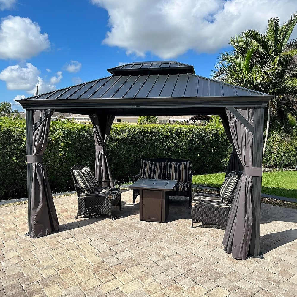 PURPLE LEAF 10x12 Outdoor Galvanized Steel Hardtop Gazebo, Aluminum Frame Gazebo With Curtains