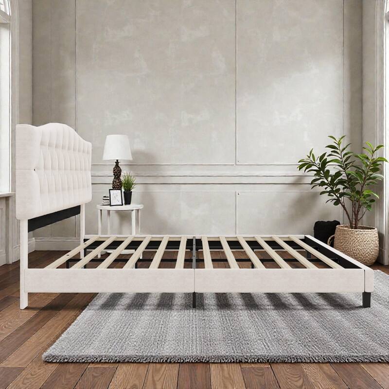 Upholstered Platform Bed with Adjustable Saddle-Curved Diamond Tufted Headboard, Wooden Slats and Metal Support
