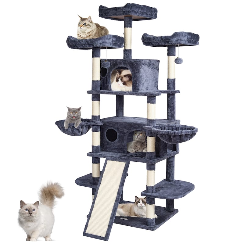 Cat Tree for Indoor Cats, 68.5" Cat Tower with 2 Cat Condos, Sisal Scratching Post, Hammocks, Top Perches - 68.5" - Dark Grey
