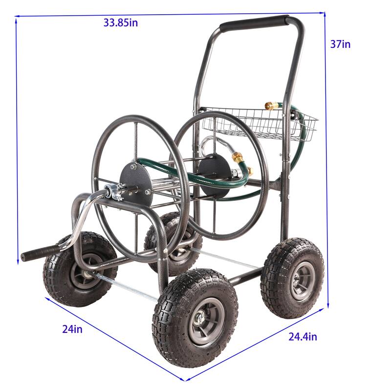 Hose Reel Cart with 4 Wheels, Foam-Padded Handle, Storage Basket, and Weather-Resistant Coating - ABS+Rubber+Steel (Q235)