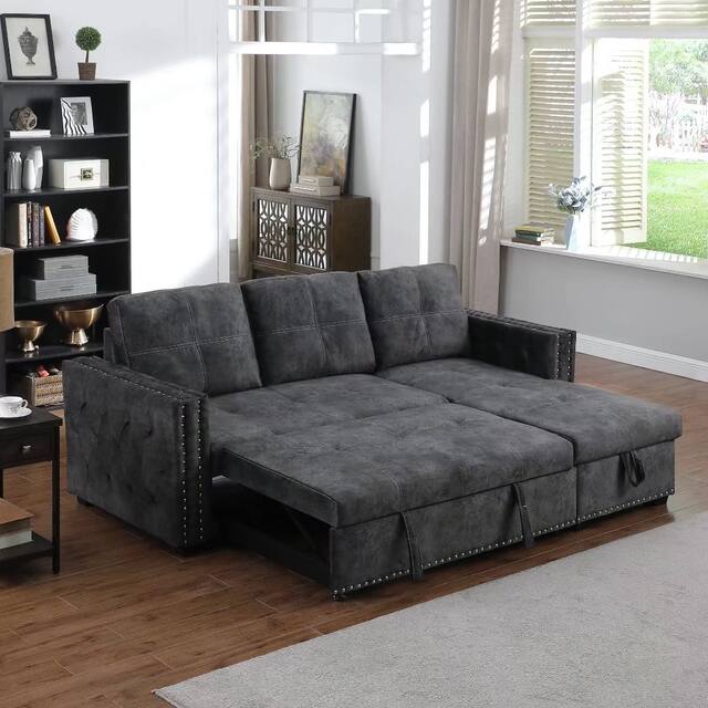 Morden Fort Velvet Reversible Sleeper Sectional Sofa L-Shape with big Storage
