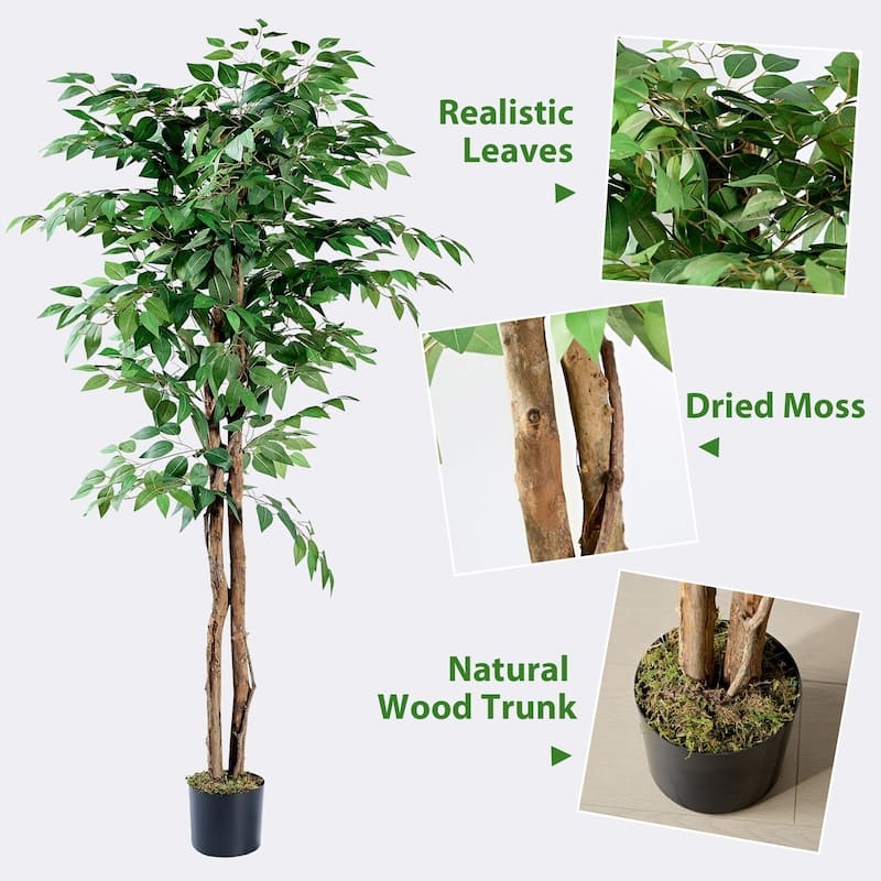 Artificial Ficus Tree with Natural Wood Trunk, Faux Plant for Office Home, Indoor Outdoor Decor, 1 Pack